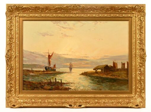 Antique Scottish Oil Painting - Beautiful Sunrise Coastal Harbour with Boats