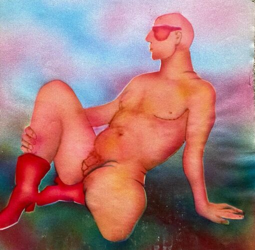 1900-1999 FRENCH MODERNIST PAINTING -  EROTIC MALE NUDE PORTRAIT IN RED BOOTS