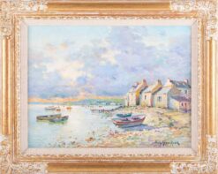 Superb French Impressionist Signed Oil Painting Brittany Boats Coastline Sunset