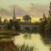 Antique English Signed Oil - Sunset over the River Thames fields and church