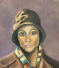 VERY LARGE SIGNED OIL PORTRAIT OF LADY IN VINTAGE COAT & HAT - DATED - FRAMED