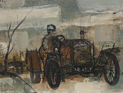 1960's French Modernist Signed Oil Man Driving 1900's Vintage Car