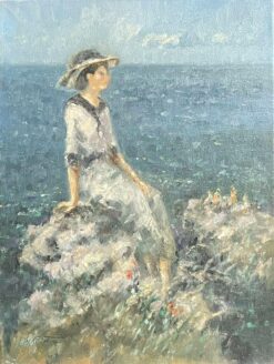 SIGNED FRENCH IMPRESSIONIST OIL - ELEGANT LADY LOOKING OUT TO SEA ON CLIFFS