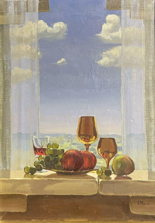 FRENCH SURREALIST SIGNED OIL PAINTING - STILL LIFE BY WINDOW SILL