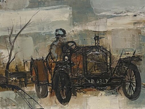 1960's French Modernist Signed Oil Man Driving 1900's Vintage Car