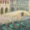 Mid Century Large Impressionist Oil Venetian Canal with Gondolas Green colors