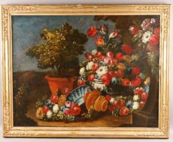 Huge 1700 - 1799 Italian Oil Still Life Classical Flowers Ornamental Setting