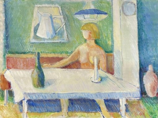 SWEDISH MID 1900-1999 HUGE OIL PAINTING - FIGURE DRINKING AT BISTRO TABLE
