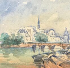 MAURICE MAZEILIE-FRENCH IMPRESSIONIST Watercolour - Small Paris Bridge Landscape