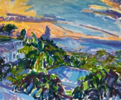 Douglas Allen Impressionist Oil Painting -  Tranquil Sunset Over Town