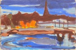 1900-1999 German Modernist Oil Painting River & Town at Dusk