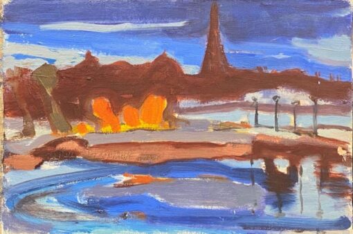 1900-1999 German Modernist Oil Painting River & Town at Dusk