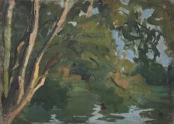 1930's French Post Impressionist Oil Painting Moody Green Trees over Pond