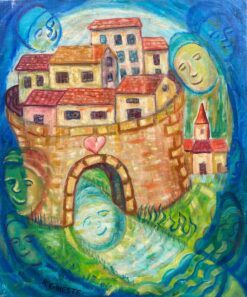 Large French Surrealist Oil Painting Figures over a Walled City Fortress