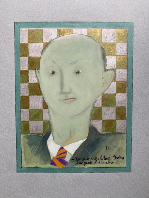 1960's French Portrait Bald Green Man Caricature