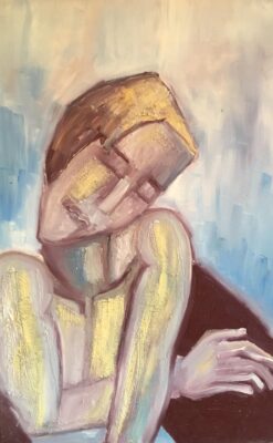 French Abstract Portrait Picasso Style Blue Colour Original Oil Painting