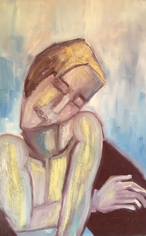 French Abstract Portrait Picasso Style Blue Colour Original Oil Painting