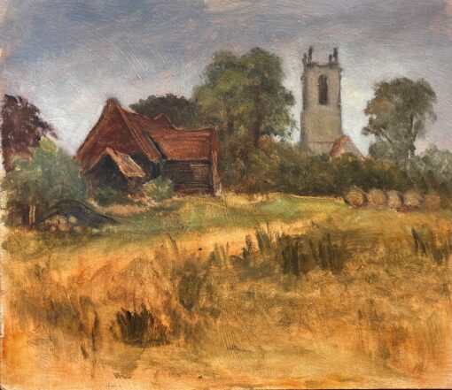 1970's MODERN BRITISH OIL PAINTING - ENGLISH RURAL CHURCH Golden meadows