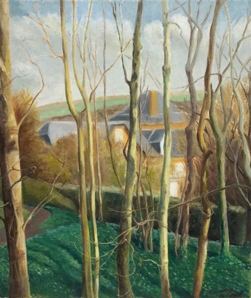 Signed French Impressionist Oil Woodland Landscape with Trees in Valley