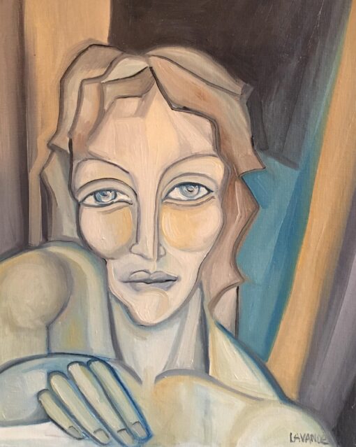 Blue Coloured Portrait, Cubist Abstract, Original Oil Painting, Signed