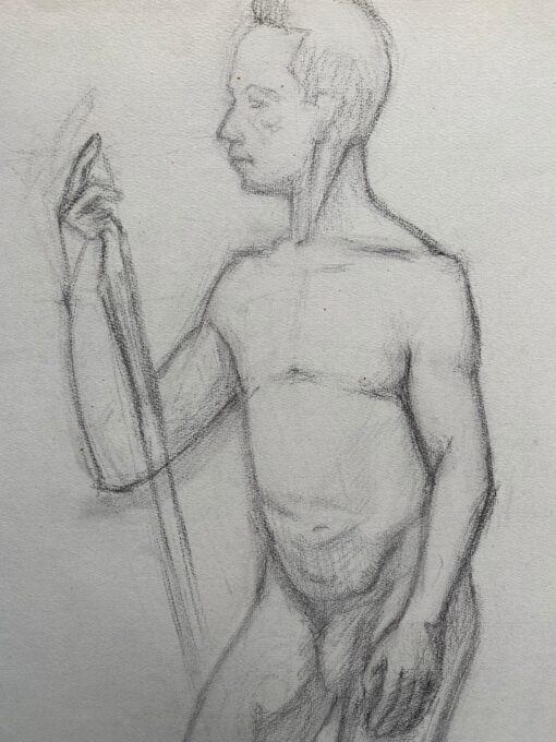 Mid 1900-1999 French Charcoal Drawing - Portrait of a Standing Nude Man