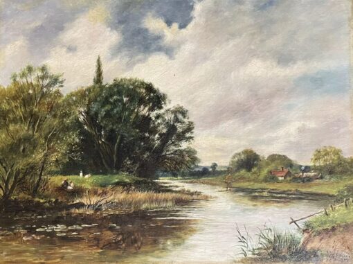 Fine Edwardian Signed Oil Painting - Country River Landscape Picnic Figures