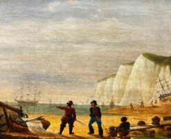 Napoleonic Wars Marine 1800's Oil Painting Soldiers on Beach War Ship at Sea