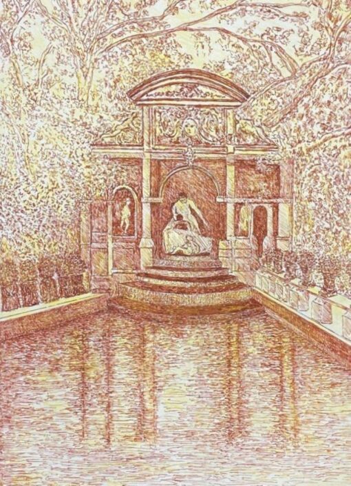 1950's Signed Modernist Painting  - Fine Drawing Of Historic Fountain