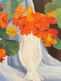 Orange & Green Flowers & Plants Interior Scene French Oil Painting
