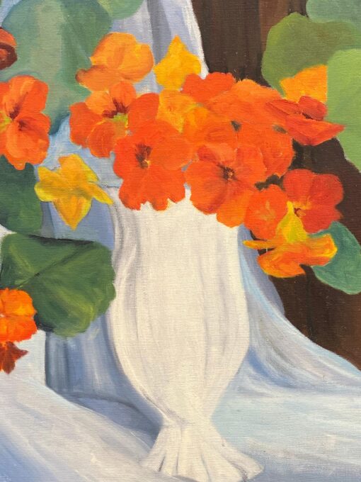 Orange & Green Flowers & Plants Interior Scene French Oil Painting