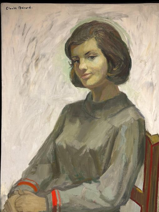 Large 1900-1999 French Signed Oil Painting Portrait of Lady in Grey Dress