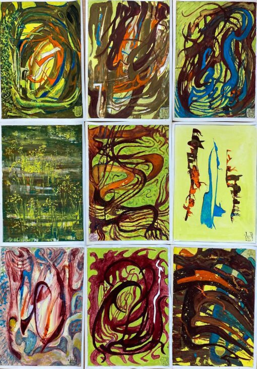 Set of 9 Original French Abstract Oil Paintings - each Signed & Dated