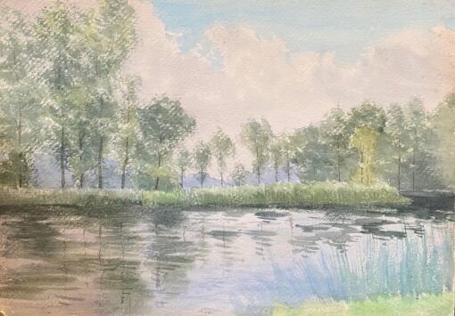 Bright French Impressionist Antique Painting - Willow Trees by the River