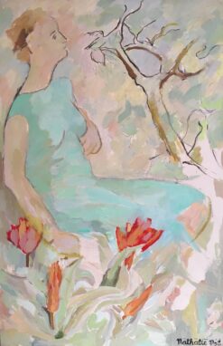 Large Impressionist Oil Painting of a Lady in Aquamarine