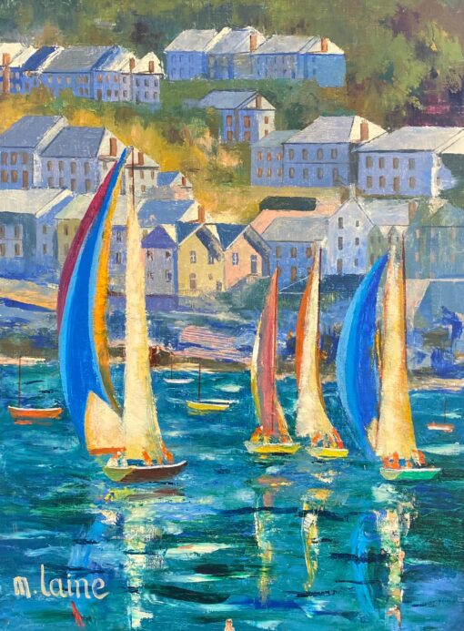 Large 1900-1999 French Impressionist Signed Oil Blue Sea Sailing Boats Harbor