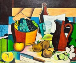 French Cubist Still Life Signed Painting Fruit & Wine on Table, 1900-1999