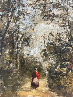 Fine French Impressionist Oil Painting Lady Walking Woodland Path Dappled Light