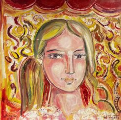 Huge French 20thC Modernist Oil Painting - Portrait of Blonde Lady Pink Swirls