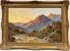 Antique Scottish Highlands Oil Painting Sunset River Landscape with Mountains