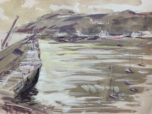 Mid 20th C. Irish Artist Watercolor Painting of Coastal Rustic Beach With Boats