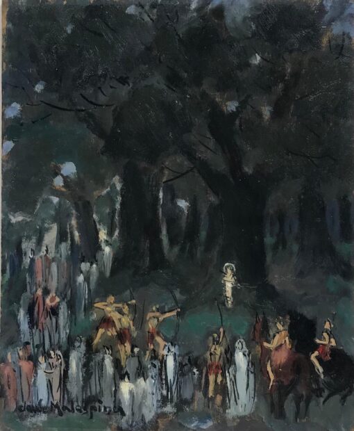 Martyrdom of Saint by Bow & Arrow in Woods Roman Soldiers, French Oil