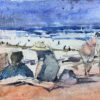 FRENCH IMPRESSIONIST SIGNED WATERCOLOUR - FIGURES ON BRIGHT BEACH