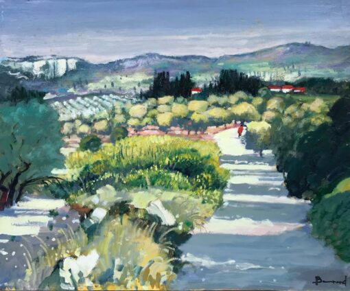 Les Alpilles Provence, Sunny Summer Landscape Figures Walking in Lane, oil