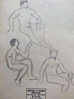 Mid 1900-1999 French Original Line Drawing sketch Nude Men- Stamped