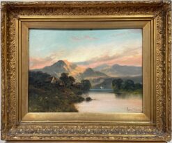 Antique Scottish Highlands Oil Painting Sunset over the Loch, signed & framed