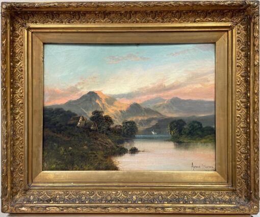 Antique Scottish Highlands Oil Painting Sunset over the Loch, signed & framed