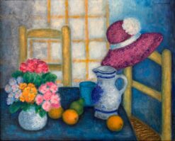 Beautiful French Still Life Oil Painting Flowers Fruit & Hat Deep Colors