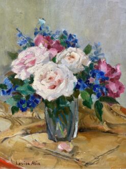 1940's French Impressionist Oil Painting Vintage Still Life of Roses Glass Vase