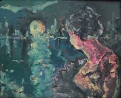 Mid 1900-1999 French Expressionist Oil Elegant Lady looking over Moonlit Lake