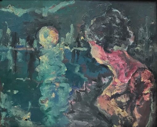 Mid 1900-1999 French Expressionist Oil Elegant Lady looking over Moonlit Lake